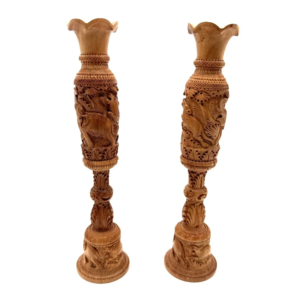 Pair Hand Carved‎ Wooden Flower Bud Vase Elephants Lions Home Garden Decor Art